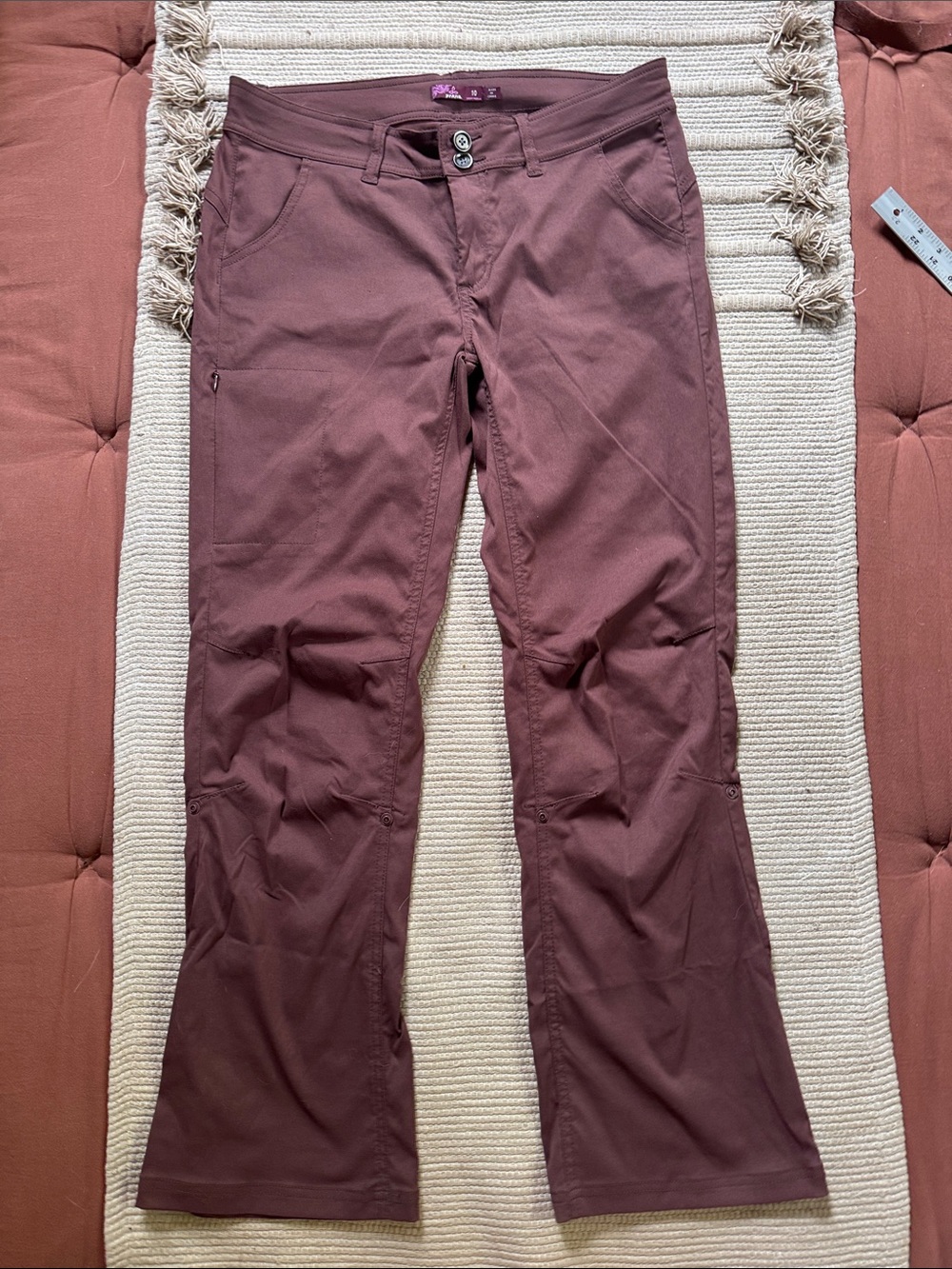 Prana Halle pants boot cut leg roll up stretch Zion chocolate brown women’s 10 R